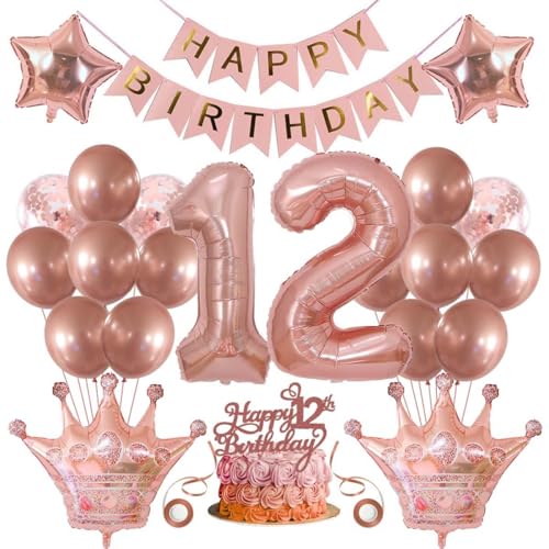 SNOWZAN Deko 12 Geburtstag Mädchen Partydeko Geburtstagsdeko Luftballons 12.geburtstag Deko Mädchen Rosegold Tortendeko 12.geburtstagsdeko 12 Mädchen 12 Jahre Geburtstag Deko Happy Birthday Banner von SNOWZAN