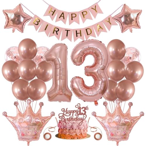 SNOWZAN Deko 13 Geburtstag Mädchen Partydeko Geburtstagsdeko Luftballons 13.geburtstag Deko Mädchen Rosegold Tortendeko 13.geburtstagsdeko 13 Mädchen 13 Jahre Geburtstag Deko Happy Birthday Banner von SNOWZAN