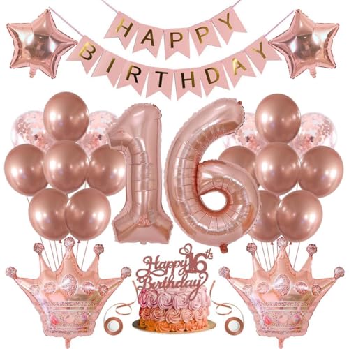 SNOWZAN Deko 16 Geburtstag Mädchen Partydeko Geburtstagsdeko Luftballons 16.geburtstag Deko Mädchen Rosegold Tortendeko 16.geburtstagsdeko 16 Mädchen 16 Jahre Geburtstag Deko Happy Birthday Banner von SNOWZAN