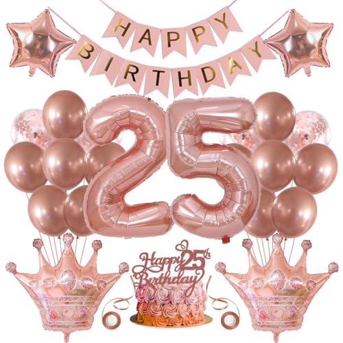 SNOWZAN Deko 25 Geburtstag Mädchen Partydeko Geburtstagsdeko Luftballons 25.geburtstag Deko Mädchen Rosegold Tortendeko 25.geburtstagsdeko 25 Mädchen 25 Jahre Geburtstag Deko Happy Birthday Banner von SNOWZAN