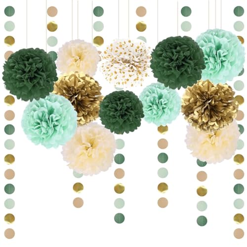 SNOWZAN Seidenpapier Pompons Deko Hochzeitsdeko Vintage Deko Party Dekoration Papier Pompoms Papier Fächer Bunt Dekoration Pompoms Deko Grün Weiß gold Pompons Deko Und Dots Papier Girlande Gartenparty von SNOWZAN