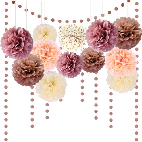 SNOWZAN Seidenpapier Pompons Deko Hochzeitsdeko Vintage Deko Party Dekoration Papier Pompoms Papier Fächer Bunt Dekoration Pompoms Deko Rosegold Pompons Deko Warmes Thema Und Dots Papier Girlande von SNOWZAN