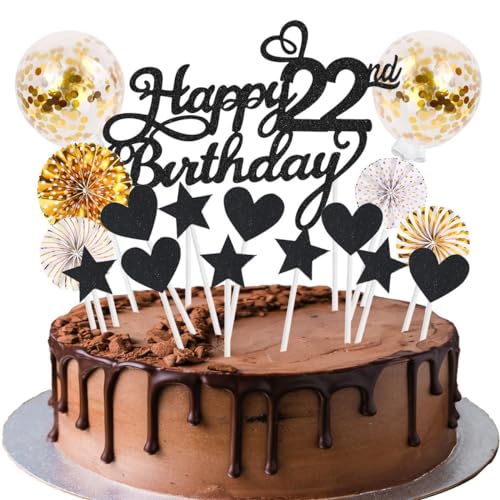 SNOWZAN Tortendeko 22 Geburtstag Schwarz Gold Kuchen Topper Happy 22 Birthday Cake Topper 22 Kuchendeko Geburtstag Kuchen Deko 22 Geburtstag Junge Tortendeko 22 Geburtstag Mädchen 22.geburtstag Männer von SNOWZAN