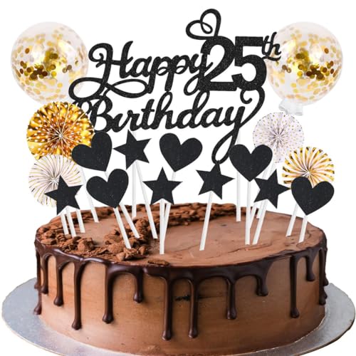 SNOWZAN Tortendeko 25 Geburtstag Schwarz Gold Kuchen Topper Happy 25 Birthday Cake Topper 25 Kuchendeko Geburtstag Kuchen Deko 25 Geburtstag Junge Tortendeko 25 Geburtstag Mädchen 25.geburtstag Männer von SNOWZAN