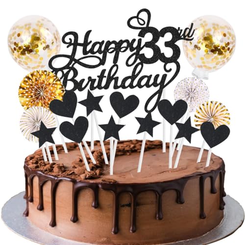 SNOWZAN Tortendeko 33 Geburtstag Schwarz Gold Kuchen Topper Happy 33 Birthday Cake Topper 33 Kuchendeko Geburtstag Kuchen Deko 33 Geburtstag Junge Tortendeko 33 Geburtstag Frauen 33.geburtstag Frau von SNOWZAN