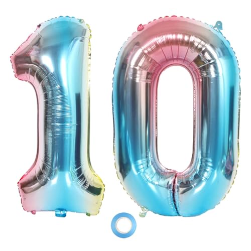 SNOWZAN XL Zahlen Ballon Nummer 10.Luftballon Regenbogen Mädchen Junge Luftballons Zahl 10.Geburtstag Deko Blau Rose Bunt Schillernde 10 Jahre FolienBallon 32 zoll Riesen Helium Happy Birthday Party von SNOWZAN