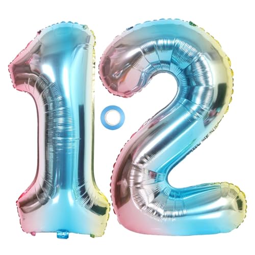 SNOWZAN XL Zahlen Ballon Nummer 12.Luftballon Regenbogen Mädchen Junge Luftballons Zahl 12.Geburtstag Deko Blau Rose Bunt Schillernde 12 Jahre FolienBallon 32 zoll Riesen Helium Happy Birthday Party von SNOWZAN