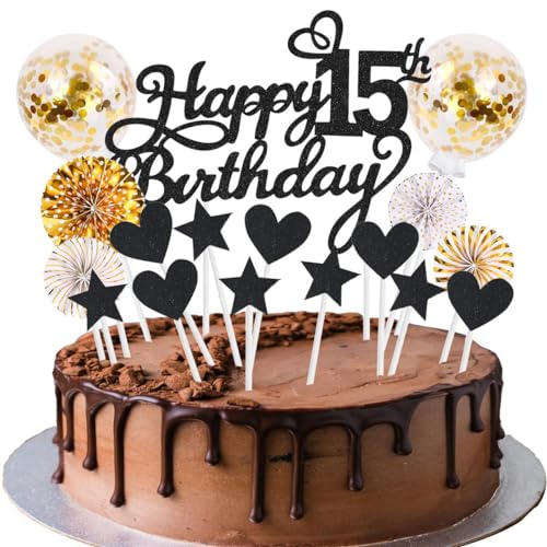 Tortendeko 15 Geburtstag Schwarz Gold Mädchen Junge 15 Jahre Geburtstag Kuchen Deko Happy Birthday 15 Glitter Cake Topper 15.kuchendeko Geburtstag Happy 15th Birthday Tortendeko 15 Geburtstag Mädchen von SNOWZAN