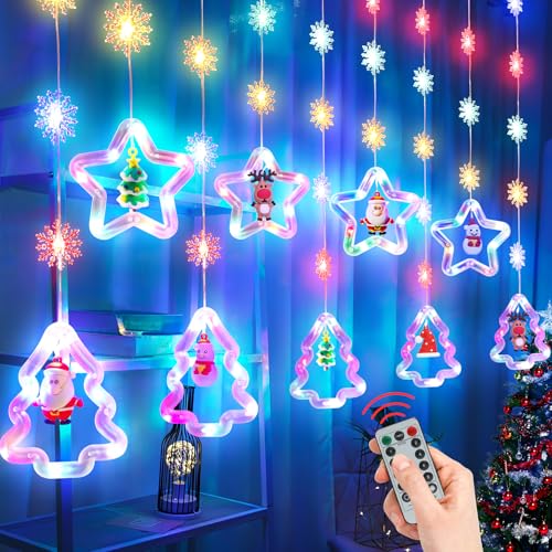 SOARFLY Lichterkette Weihnachten Fenster Lichterkettenvorhang Fenster Weihnachtsdeko mit 8 Modi Fernbedienung, 3M 120 LED Weihnachtsbeleuchtung Lichterkette für Weihnachten Deko, Bunt von SOARFLY