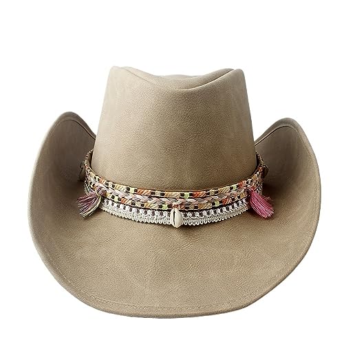 SOENS Vintage Damen Cowboyhut aus Leder mit breiter Krempe, Cowgirl-Westernhut mit Quastengeflecht-Lederband von SOENS