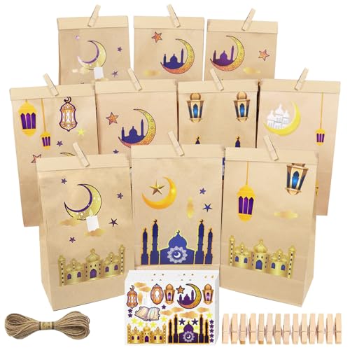 DIY Ramadan Kalender zum Befüllen, 30 Kraftpapiertüten Eid Mubarak Tüten, Ramadan Geschenktüten, Ramadan Kalender Papiertüten Ramadan Deko,Ramadankalender Tüten Wiederverwendbar mit Clips und Juteseil von SOETDERT