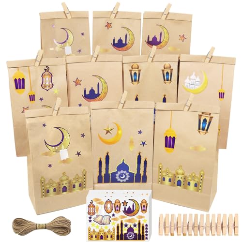 DIY Ramadan Kalender zum Befüllen, 30 Kraftpapiertüten Eid Mubarak Tüten, Ramadan Geschenktüten, Ramadan Kalender Papiertüten Ramadan Deko,Ramadankalender Tüten Wiederverwendbar mit Clips und Juteseil von SOETDERT