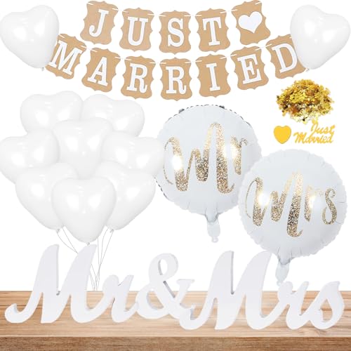 Hochzeitsdeko Set, Just Married Girlande mit Ballons, Mr & Mrs Deko Buchstaben Hochzeit, Vintage Just Married Banner, Weiß Hochzeit Dekoration Standesamt Deko Brautdusche Wedding von SOETDERT