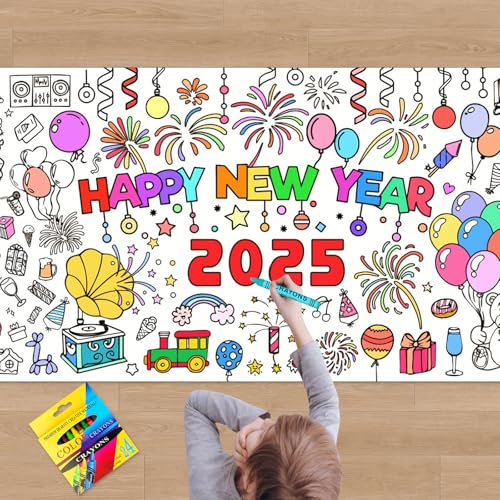 Papier-Tischdecke zum Ausmalen Silvester Deko 2025, Happy New Year Ausmaltischdecke Papier mit 24 Buntstift, Neues Jahr Ausmaltischdecke Kinder Silvester Tischdecke Silvester Basteln von SOETDERT