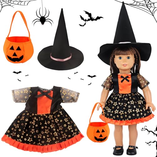 SOETDERT Puppenkleidung Halloween, 18 Zoll Puppen Dress Up Kostüm, Puppen Kleidung, Puppenkleider Hexenhut Kleid Spielzeug, Baby Puppenzubehör Kleidung für Halloween Karneval Outfits von SOETDERT