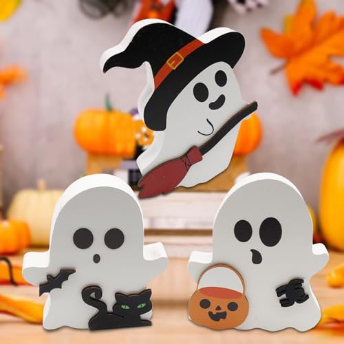 SOETDERT Halloween Deko Geister, 3 Stück Niedliche Geist Halloween Dekoration, Holz Tischschild mit Hexengeist, Kürbis, Schwarze Katze, Halloween Tischdeko, Halloween Party Deko für Zuhause Innen von SOETDERT