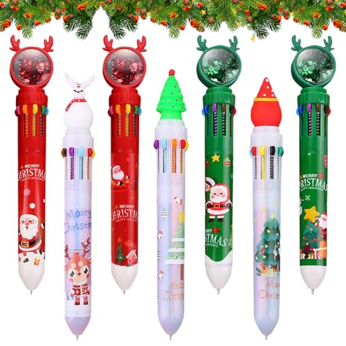 SOETDERT Weihnachten Kugelschreiber, 10-in-1 Mehrfarbig Stifte, 7 Stk Einziehbare Kugelschreiber, Weihnachtskugelschreiber, Weihnachtsbaum Stift Set für Kinder Geschenk Partytütenfüller von SOETDERT