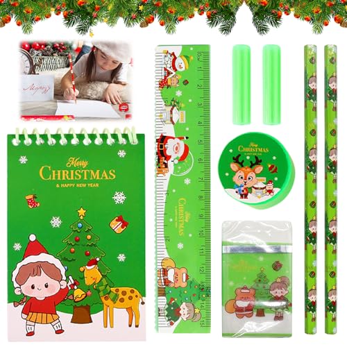 SOETDERT Weihnachten Schreibwaren Set, Schreibwaren Geschenkset für Bleistifte, Radiergummi, Notizblock, Lineal, Anspitzer, Kinder Mitgebsel Weihnachten Geschenk Set für Mädchen und Junge (Grün) von SOETDERT