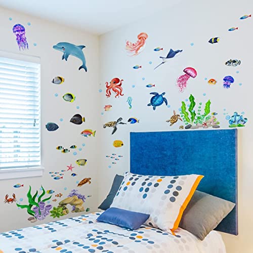 Unter Meer Wandtattoo, Unter dem Meer Fisch Qualle Wandaufkleber, Ozean Wandsticker, Abnehmbar DIY Wandbild für Kinder Kinderzimmer Schlafzimmer Badezimmer Wanddeko (A) von SOEWIOU