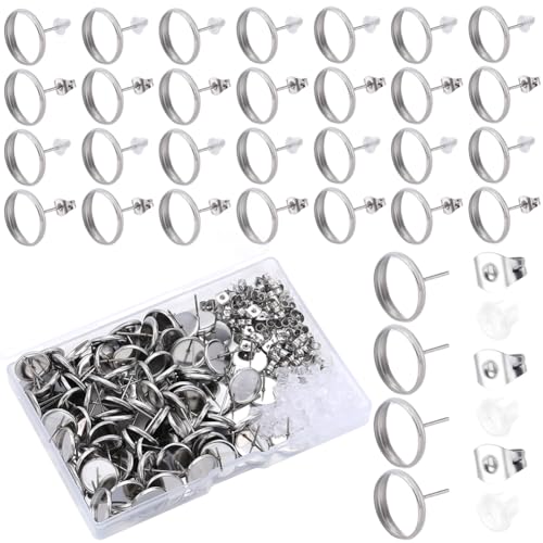 SOFPLATE 1 Box 100 Stück 12mm Ohrstecker Rohlinge Mit Lünette Cabochon Edelstahl Hypoallergen Silberne Ohrstecker Mit Ohrmutter Runde Ohrstecker Für Schmuckherstellung Zubehör DIY Handwerk von SOFPLATE