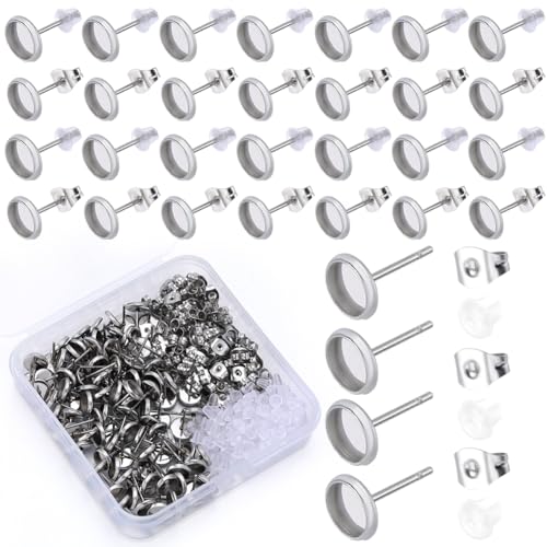 SOFPLATE 1 Box 100 Stück 6mm Lünetten Ohrstecker Ohrstecker Cabochon Rohlinge Hypoallergener Edelstahl Silberner Ohrstecker Mit Ohrmutter Flache Runde Ohrstecker Zur Schmuckherstellung von SOFPLATE