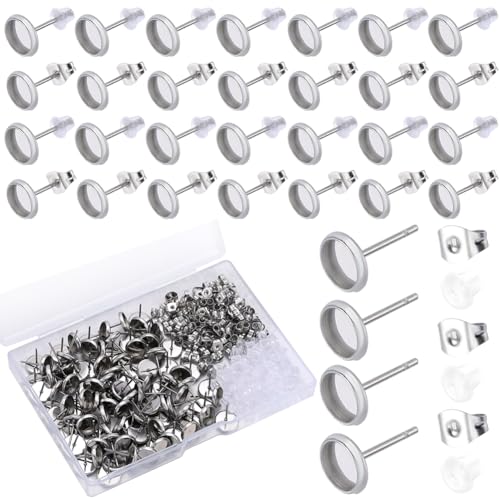 SOFPLATE 1 Box 100 Stück 8mm Cabochon Ohrstecker Lünetten Ohrstecker Hypoallergener Ohrstecker Aus Edelstahl Mit Ohrmutter Flache Runde Rohlinge Ohrstecker Für Die Schmuckherstellung Zubehör Zum Selb von SOFPLATE