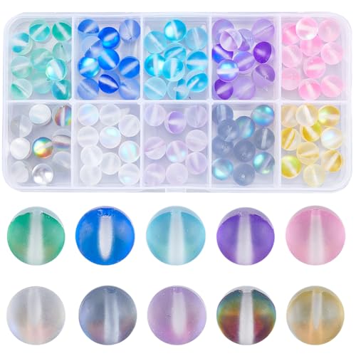 SOFPLATE 1 Box 100 Stück 8mm Mondstein Glasperlen Matte Kristallperlen 8mm Mattiert Bunt Meerjungfrau Rund Glitzernd Glänzend Aurora Lose Abstandsperlen Für Armbänder Schmuckherstellung DIY Bastelbe von SOFPLATE