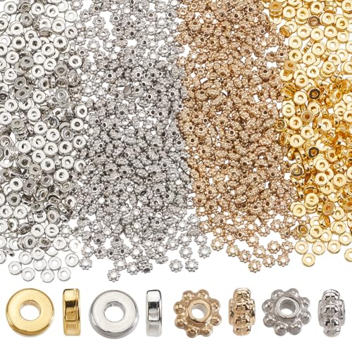 SOFPLATE 1 Box 1200 Stück 4 Stile Disc Spacer Perlen Tibetische Blume CCB Kunststoff Gold Flach Rund Silber Granuliert Kleine Lose Perlen Spacer für Schmuckherstellung Halsketten Armbänder DIY von SOFPLATE