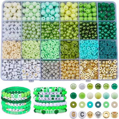 SOFPLATE 1 Box 2220 Teiliges Grünes Armband Perlen Set Freundschaftsarmband Bastelset Buchstaben Plastikperlen Flache Runde Heishi Abstandshalter Polymer Tonperlen Für Die Herstellung von Schmuckarmbä von SOFPLATE