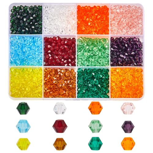 SOFPLATE 1 Box 2400 Stück 12 Stile Facettierte Kristallperlen Transparente Glasperlen Großpackung 4x4mm Briollete Funkelnder Doppelkegel Edelstein Lose Abstandshalter Mini Charms Perle Für Die Herste von SOFPLATE