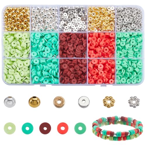 SOFPLATE 1 Box 2900 Stück Weihnachtsperlen-Kit, Tonperlen, Armbandherstellungs-Set, Urlaubsmotiv, Gold, Rot, Grün, flach, rund, Heishi-Polymer-Ton, Abstandshalter, Perlen für Freundschaftsarmbänder, von SOFPLATE