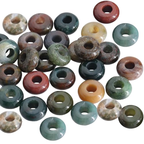 SOFPLATE 1 Box 30 Stück Steinperlen Mit Großem Loch 10mm Edelstein Rondelle Perle Lose Indischer Achat Kristall Flach Rund Naturstein Abstandshalterperlen Zum Perlenbinden von Armbändern Schmuckherst von SOFPLATE