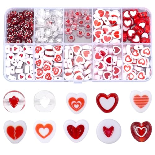 SOFPLATE 1 Box 300 Stück 10 Stile Herzförmige Acrylperlen Herzperlen Großpackung Mini Weiß Rot Liebe Transparenter Kunststoff Cub Party Valentinstag Herzen Perlen Zur Schmuckherstellung Halsketten Arm von SOFPLATE