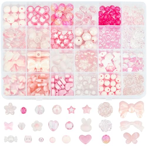 SOFPLATE 1 Box 356 Stück Rosa Acrylperlen Ästhetische Kristallperlen Schleife Süßigkeiten Schmetterling Herz Blume Sterne Süße Runde Perlen Kits Für Armbänder Halsketten Schmuckher von SOFPLATE