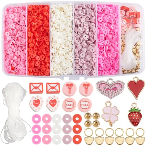 SOFPLATE 1 Box 5224 Stück rosa Tonperlen Armbandherstellung Kit Valentinstag Ton Heishi Perlen Kit flache runde Scheiben Perlen mit Legierung Emaille Charms elastische Schnur für Schmuckherstellung von SOFPLATE