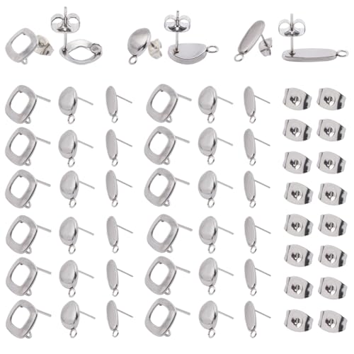 SOFPLATE 1 Box 60 Stück 3 Stile Ovale Ohrstecker Silberne Ohrstecker Beschläge Mit Schlaufe Hypoallergener Edelstahl Mit Ohrverschluss Quadratische Ohrstecker In Ei Form Für Die Schmuckherstellung von SOFPLATE