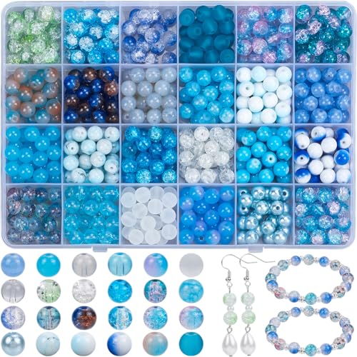 SOFPLATE 1 Box 600 Stück 24 Stile 8mm Glasperlen Armband Bastelset Runde Kristallperlen Blau Gemischte Farben Acrylperlen Kreis Crackle Perlen Für Armbänder Schmuckherstellung Perlenstickerei DIY Bas von SOFPLATE