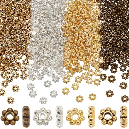 SOFPLATE 1 Box 600 Stück 6 mm goldene Gänseblümchen-Abstandshalter-Perlen, silberfarbene Blumen-Metallperlen, tibetische, antike Legierung, Mini-Schneeflocke, lose Charm-Perlen für Schmuckherstellung, von SOFPLATE