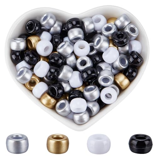 SOFPLATE 1 Box 800 Stück 4 Stile schwarz und weiß Pony Perlen Bulk Neutral Pony Perlen 9 mm Gold Silber Cool Kandi Halloween Party Kunststoff undurchsichtige Perlen für Schmuckherstellung Perlen-Sets von SOFPLATE