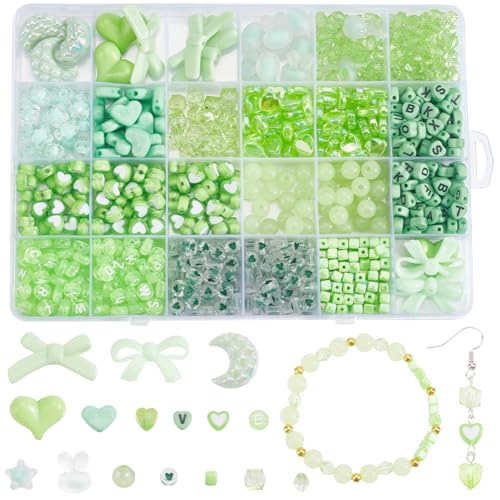 SOFPLATE 1 Box 816-teiliges Armbandherstellungs-Set, grüne Acryl-Herzperlen, Großpackung mit Schleife, quadratisch, Mond, Kaninchenkopf, runder Stern, Doppelkegel, Abstandshalter für Perlen, von SOFPLATE