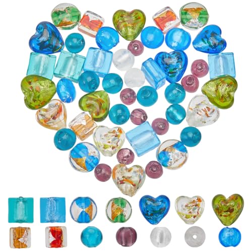 SOFPLATE 1 Box 98 Stück 13 Stile Glasperlen Mit Silberfolie Lampwork Perlen Verschiedene Handgefertigte Goldsand Perlen Flach Rund Herzförmig Facettiert Würfel Lose Abstandsperlen Set Für Armbänder Ha von SOFPLATE