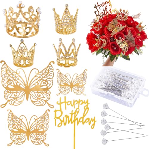 SOFPLATE 1 Box Blumenstrauß Set Anstecknadeln Großpackung Tortenaufsatz Dekoration 3D Schmetterling Legierung Glänzend Königin Königliche Tiara „Happy Birthday“ Mini Kronen Zum Basteln Blumensträuße T von SOFPLATE