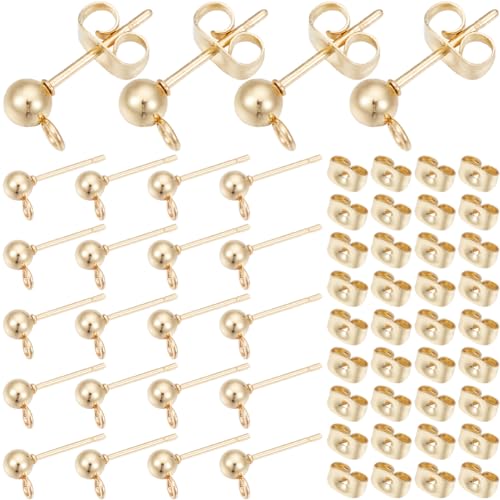 SOFPLATE 1 Box Mit 100 Kugel OhrsteckernOhrstecker Beschläge Aus EdelstahlHypoallergenGold Mit Schmetterlings Ohrverschluss Und SchlaufeKleine Runde Ohrstecker Zur SchmuckherstellungZubehör Für Heimwe von SOFPLATE