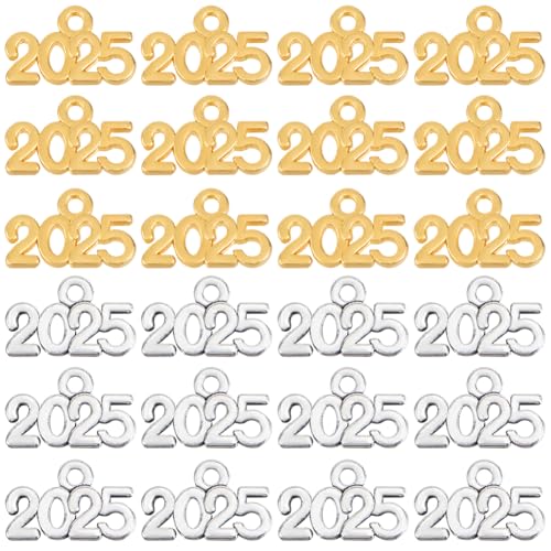 SOFPLATE 1 Box Mit 100 Stück 2025 goldene Charms 2025 Charms Silberne Metalllegierung Jahreszahlen Alphabet Quasten Charms In Großpackung Zur Schmuckherstellung Charms Abschlusskappen Neujahrs Schlüss von SOFPLATE