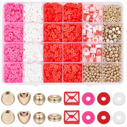 SOFPLATE 1 Box Mit 3484 Stück Armband Bastelset Aus Tonperlen Zum Valentinstag 6mm Knallrotes Pink Weißes Heishi Perlenset Aus Ton Goldene Herzen Flache Runde Kunststoff Abstandshalterperlen Für Die von SOFPLATE