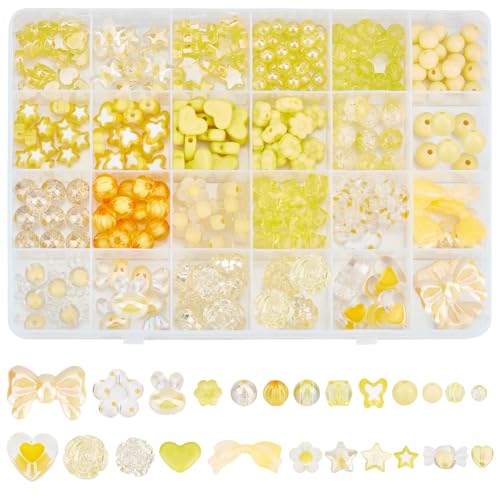 SOFPLATE 1 Box Mit 448 gelben Acrylperlen Verschiedene Ästhetische Perlen Set Mit Süßen Schleifen Süßigkeiten Schmetterlingen Herzen Blumen Und Sternen Kawaii Runde Perlen Für Armbänder Halsketten Sch von SOFPLATE