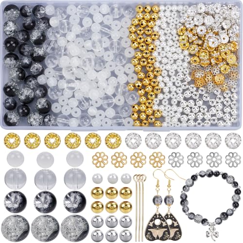 SOFPLATE 1 Box Mit 500 schwarzen Crackle Glasperlen Set Armband Bastelset Perlen Aus Kristall 6mm 8mm 10mm Facettierte Lose Perlen Mit Abstandsperlen Ösenstifte Zur Schmuckherstellung Zubehör Für A von SOFPLATE