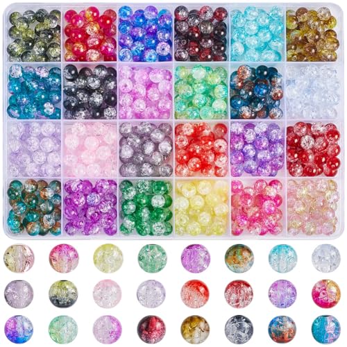 SOFPLATE 1 Box Mit 600 Stück 24 Farben Acryl Crackle Perlen 8mm Kristall Crackle Glasperlen Mehrfarbig Kaugummi Lampwork Große Menge Runde Kunststoffperlen Zur Schmuckherstellung Armbänder Halsketten von SOFPLATE