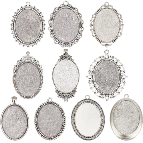 SOFPLATE 10 Stück 10 Stile Cabochon Lünettenrohlinge Charm Lünettentablett Legierung Tibetischer Stil Vintage Flach Oval Antik Silber Tabletts Anhängerfassungen Für Die Schmuckherstellung Charms Halsk von SOFPLATE