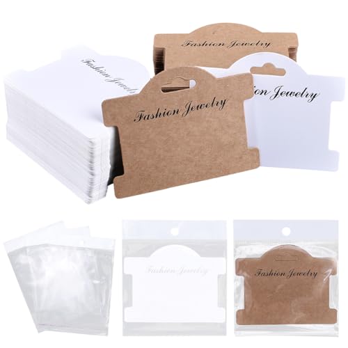 SOFPLATE 100 Stück 3.78 x 2.95 Zoll Schmuckdisplaykarten Mit Taschen Halsketten Aufhängekarte Kamelweißer Karton Papier Schmuckverpackungskartenhalter Zum Aufhängen von Halsketten Armbanddisplay von SOFPLATE